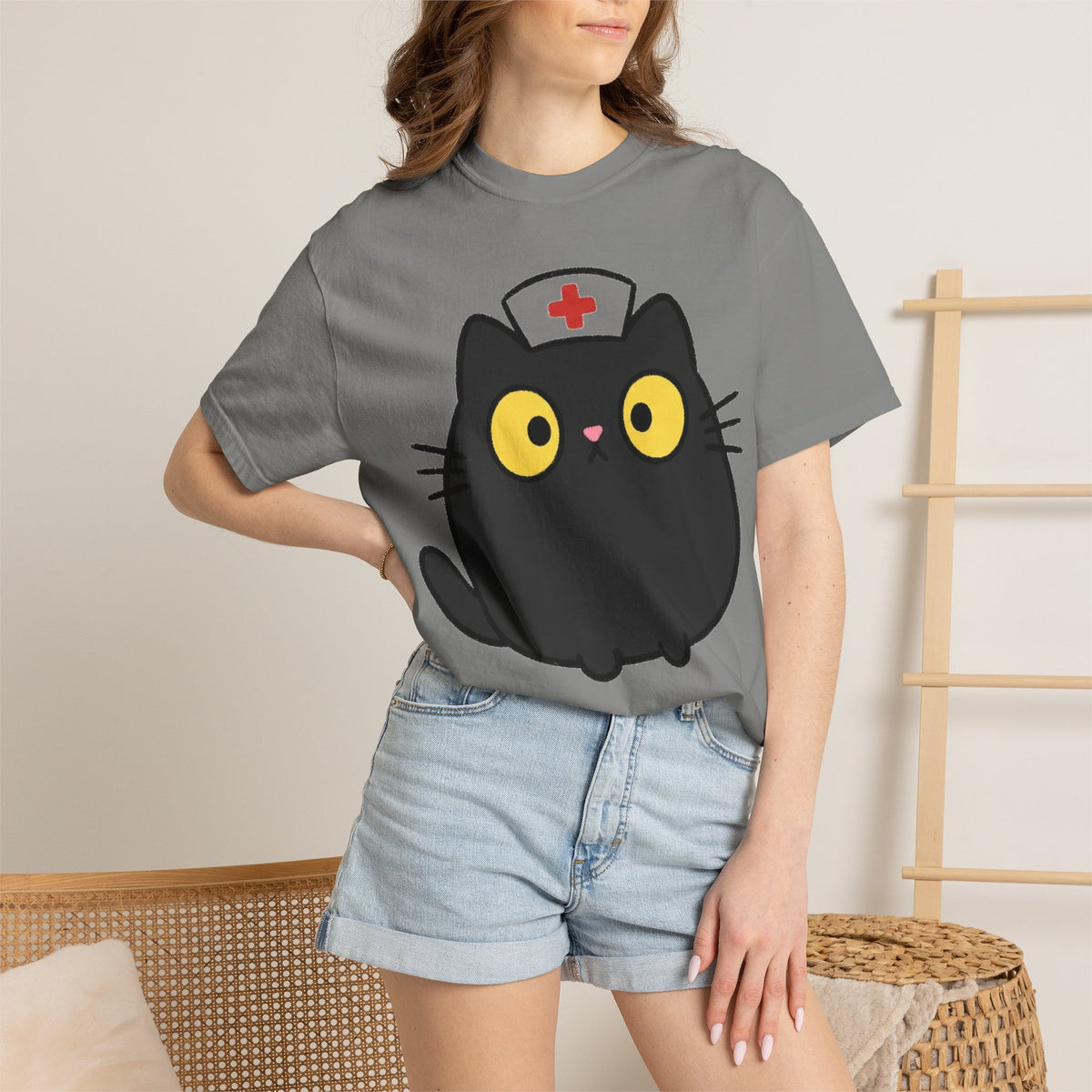 Kawaii Black Cat Nurse Shirt, Cute Cat In Nurse Cap Tee, Funny Nurse Cat Shirt, RN Gift