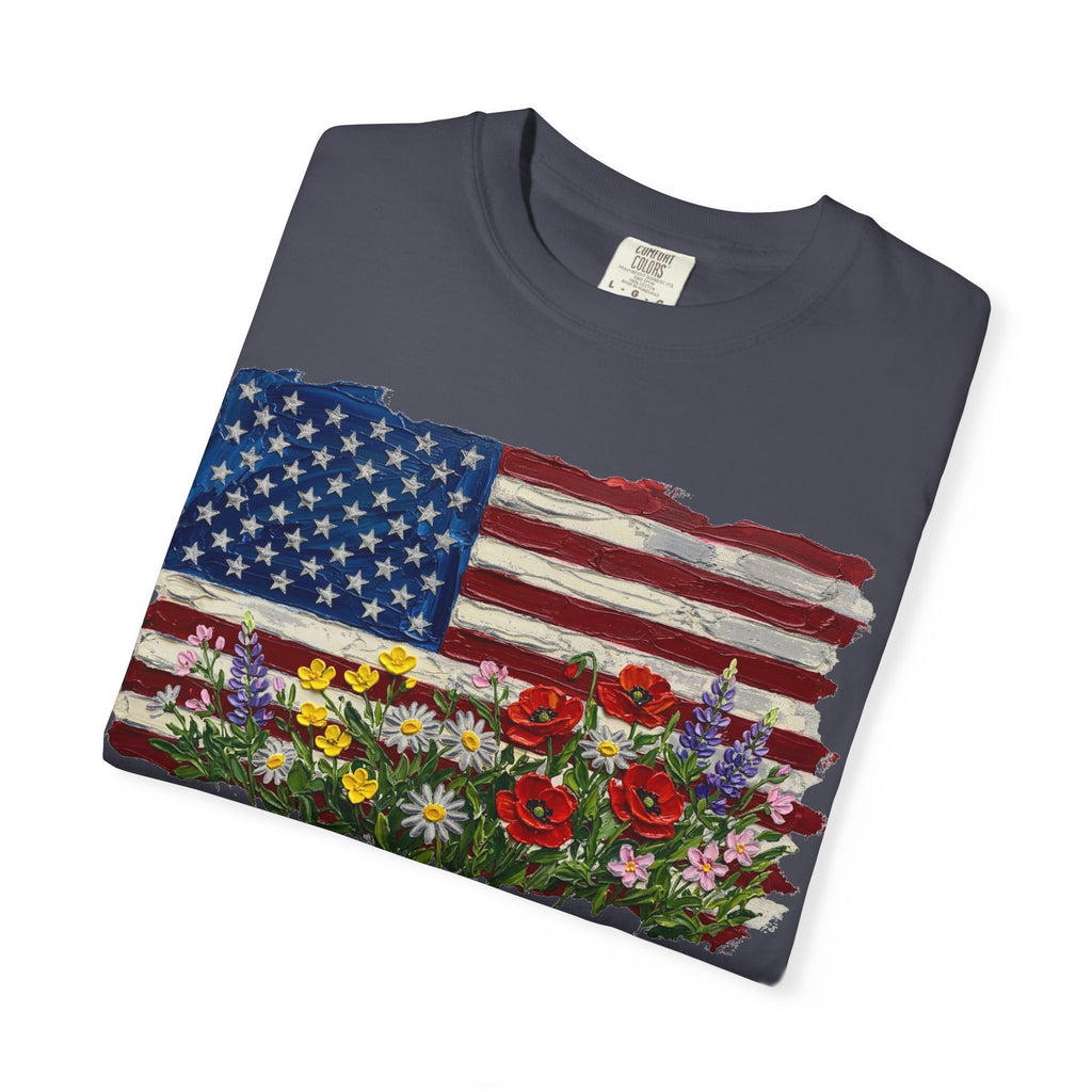 Painted Flag Wildflower Meadow Shirt, Impasto Americana Floral Tee, Patriotic Shirt, Independence Day Gift