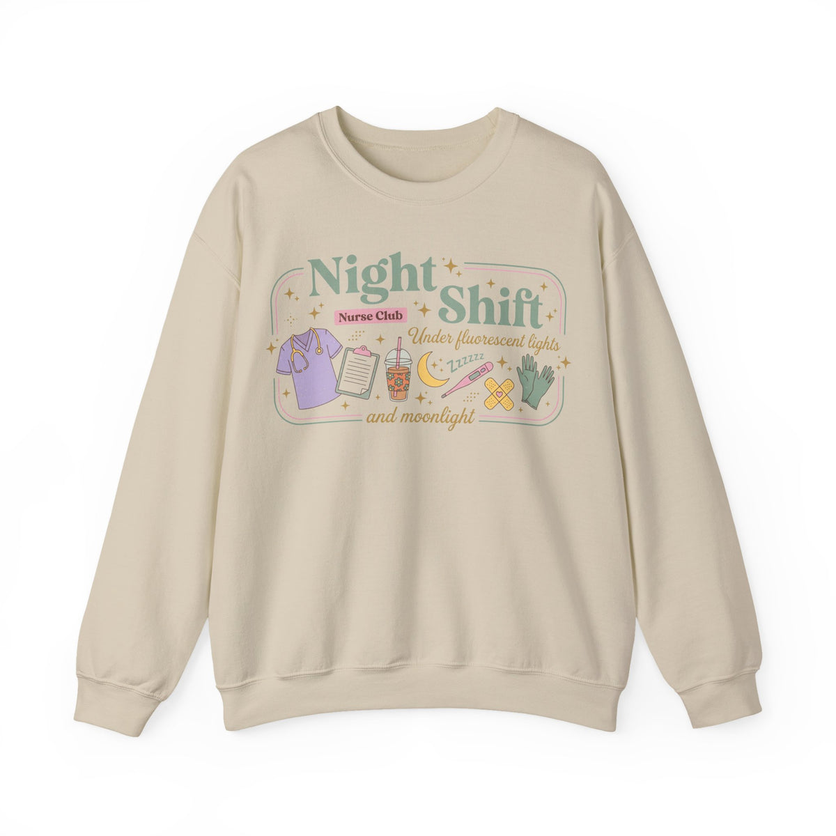 Night Shift Nurse Club Sweatshirt, Under Fluorescent Lights And Moonlight Sweatshirt, Retro Nurse Gift, Night Nurse Scrubs Doodle Sweatshirt