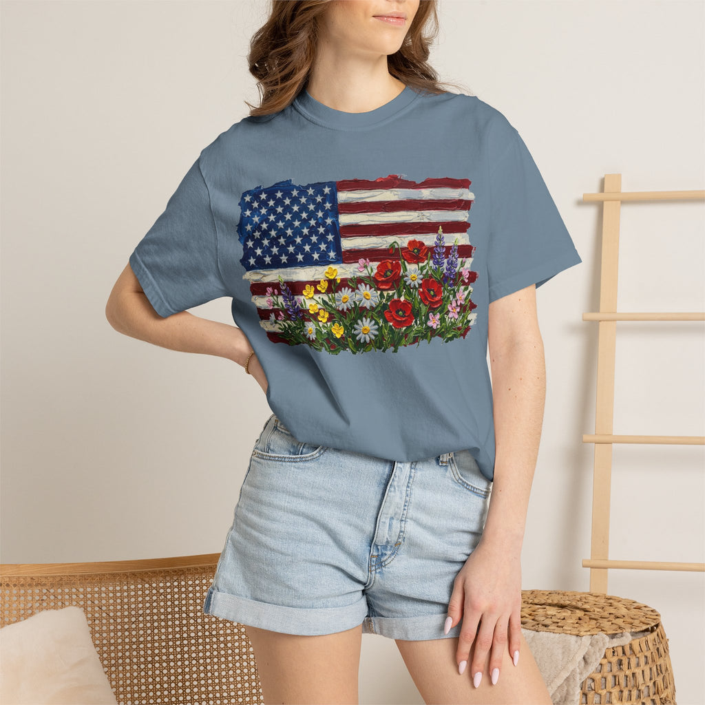 Painted Flag Wildflower Meadow Shirt, Impasto Americana Floral Tee, Patriotic Shirt, Independence Day Gift