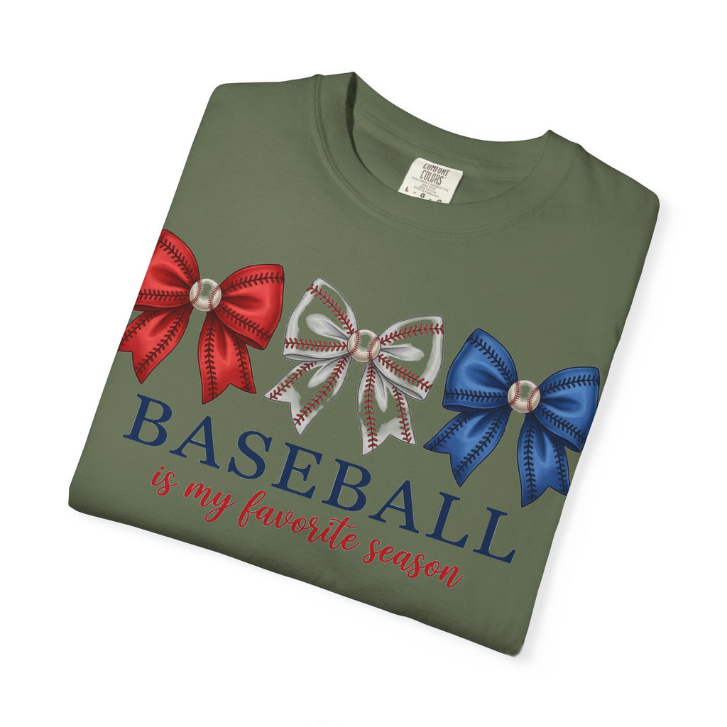 Baseball Is My Favorite Season Tee, Small Bow Trio Baseball Shirt, Coquette Sports Mom Shirt, Game Day Gift