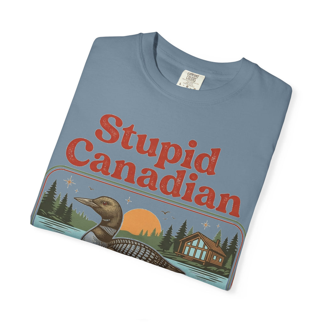 Stupid Canadian Wolf-Bird Classic Shirt, Loon Lake Scene Badge Tee, Funny Cabin Shirt, Lake Life Gift