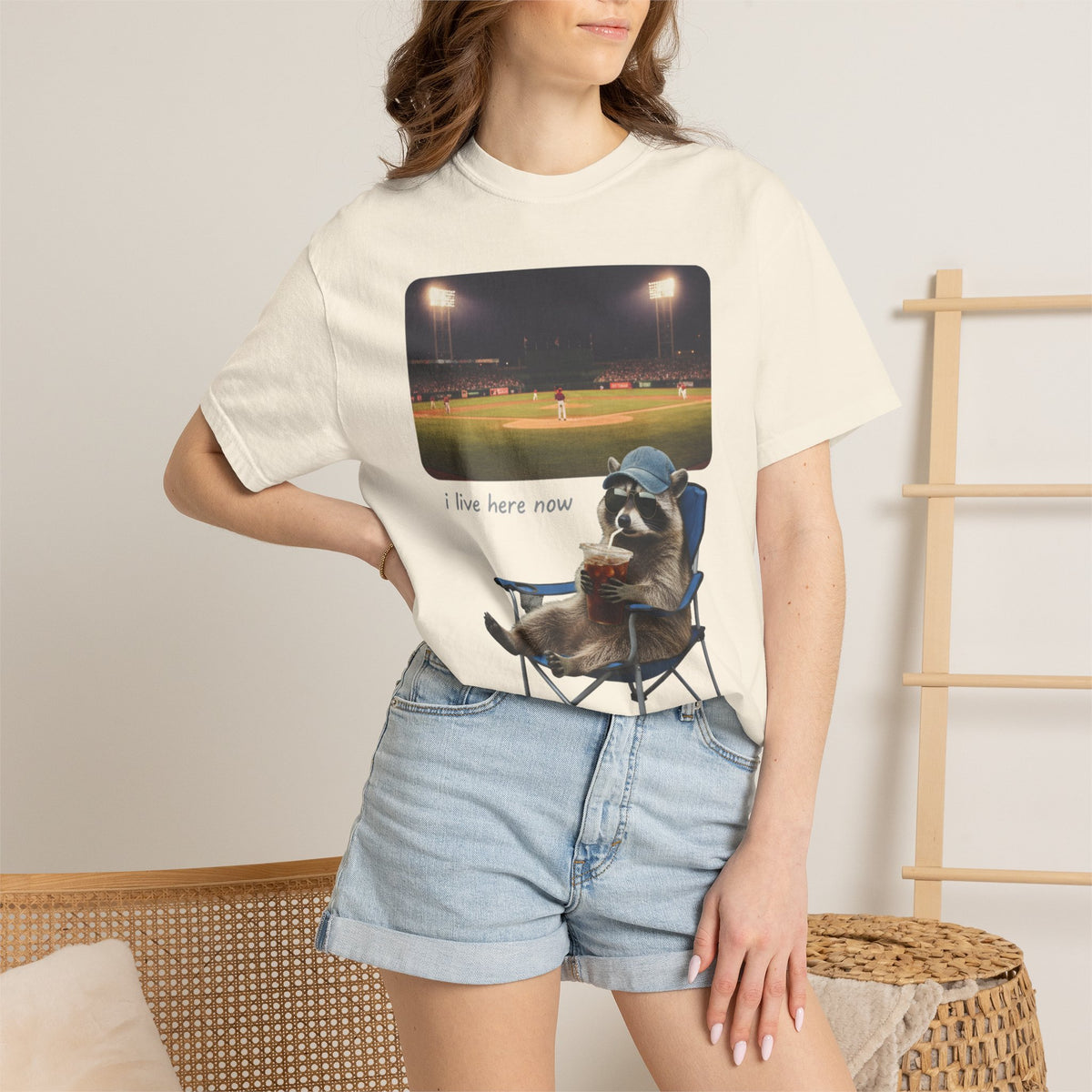 I Live Here Now Ballpark Raccoon Shirt, Funny Baseball Parent Tee, Camp Chair Raccoon Shirt, Sports Mom Gift