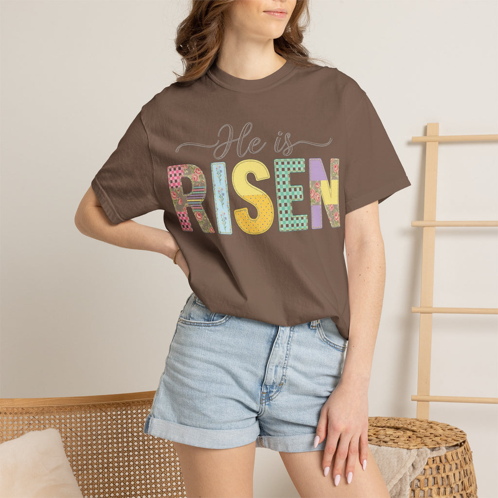 He Is Risen Floral Applique Shirt, Rose Gingham Easter Tee, Christian Patchwork Shirt, Easter Gift