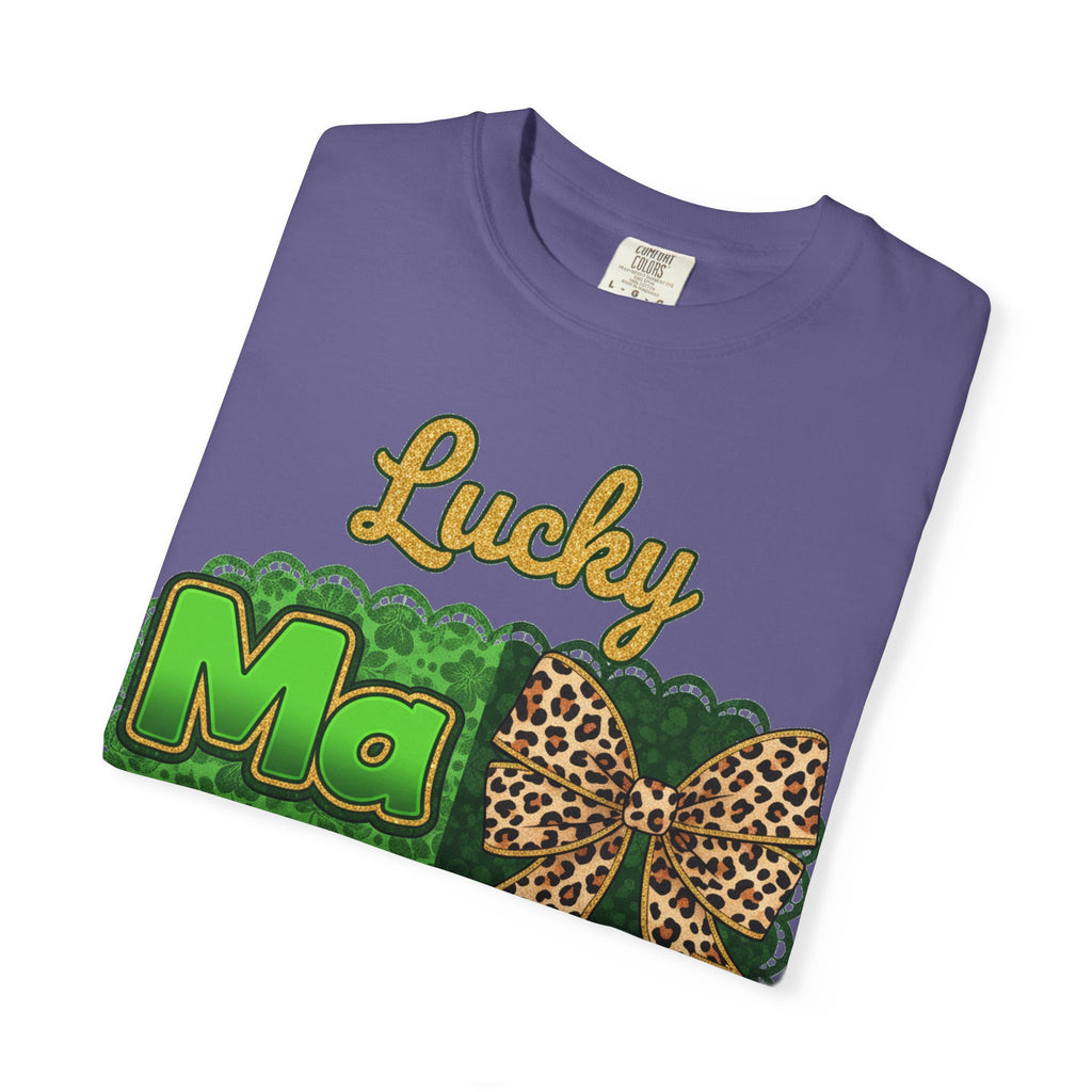 Lucky Mama Quad Shirt, Shamrock Leopard Bow Tee, St Patricks Day Mom Shirt, Irish Mama Gift