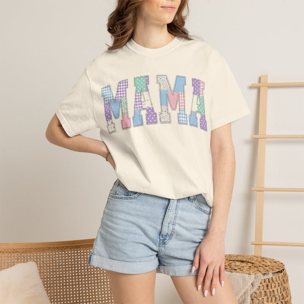 Mama Patchwork Shirt, Pastel Faux Applique Varsity Tee, Shabby Chic Mom Shirt, Mothers Day Gift
