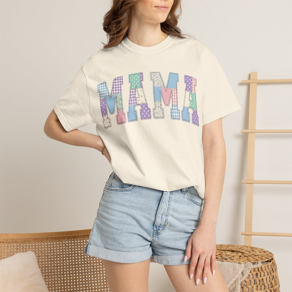 Mama Patchwork Shirt, Pastel Faux Applique Varsity Tee, Shabby Chic Mom Shirt, Mothers Day Gift