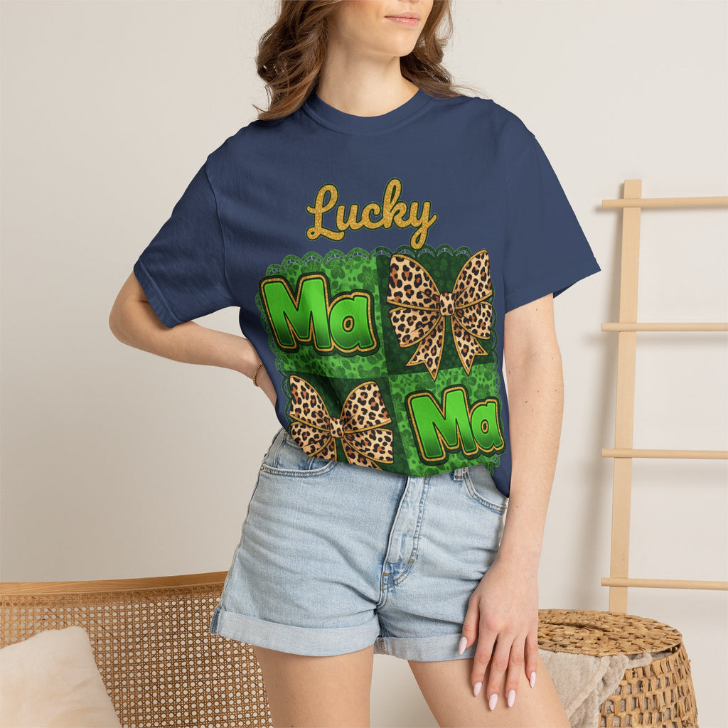 Lucky Mama Quad Shirt, Shamrock Leopard Bow Tee, St Patricks Day Mom Shirt, Irish Mama Gift