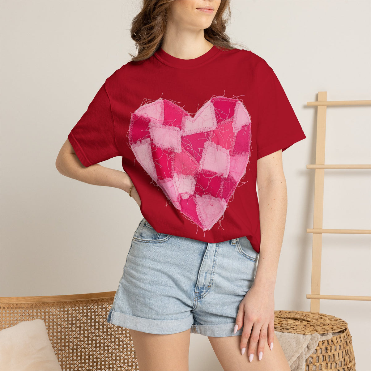 Hot Pink Patchwork Heart Shirt, Checkered Quilt Heart Tee, Frayed Applique Valentine Shirt, Gift For Her
