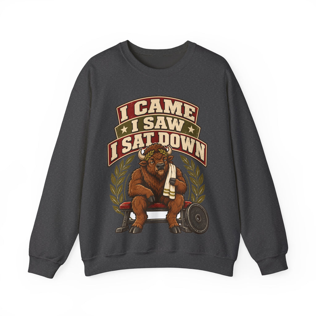 Funny Gym Sweatshirt I Came I Saw I Sat Down Bison Sweatshirt, Gym Gift For Men Women, Weightlifting Humor Sweatshirt