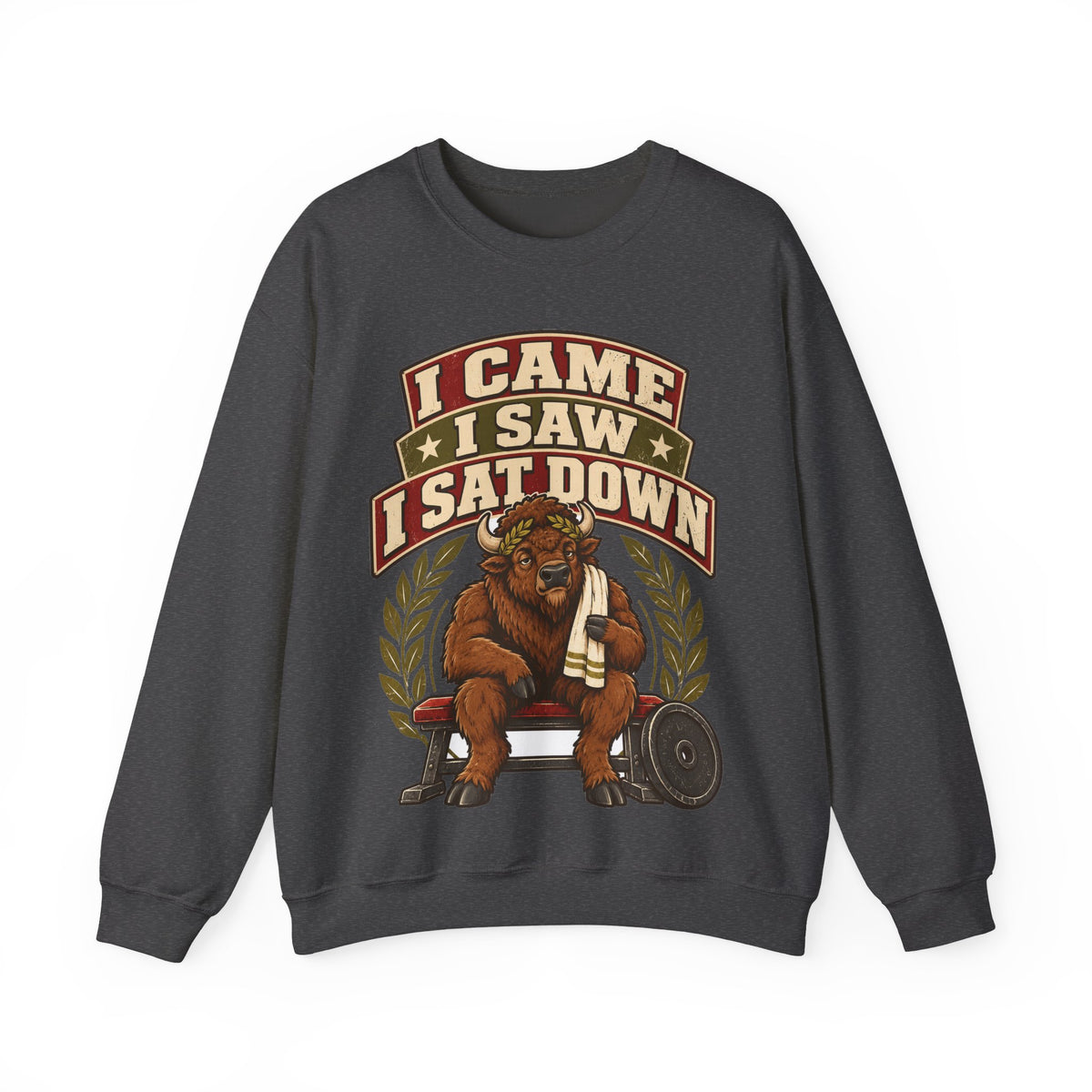 Funny Gym Sweatshirt I Came I Saw I Sat Down Bison Sweatshirt, Gym Gift For Men Women, Weightlifting Humor Sweatshirt