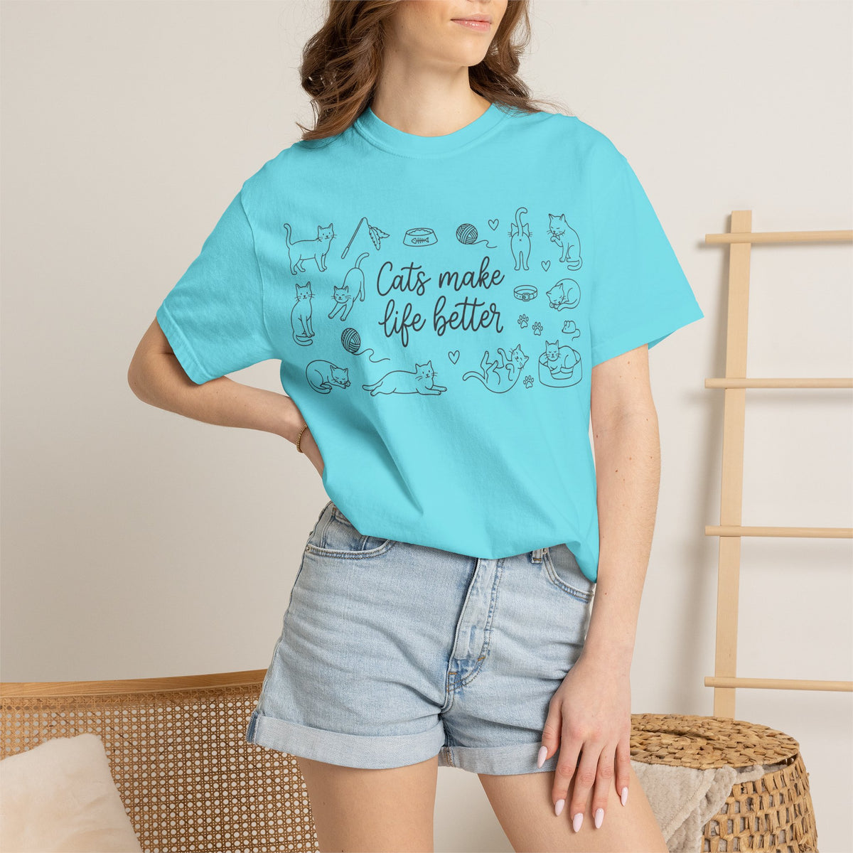 Cats Make Life Better Wide Shirt, Scattered Cat Doodle Tee, Minimal Cat Lover Shirt, Cat Owner Gift