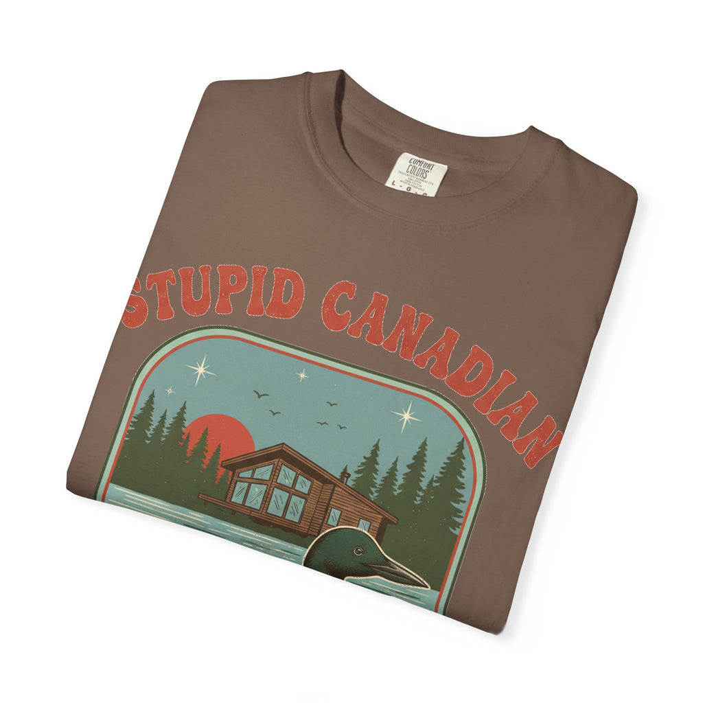 Stupid Canadian Wolf-Bird Arched Shirt, Retro Loon Sunset Badge Tee, Funny Lake Shirt, Cabin Gift