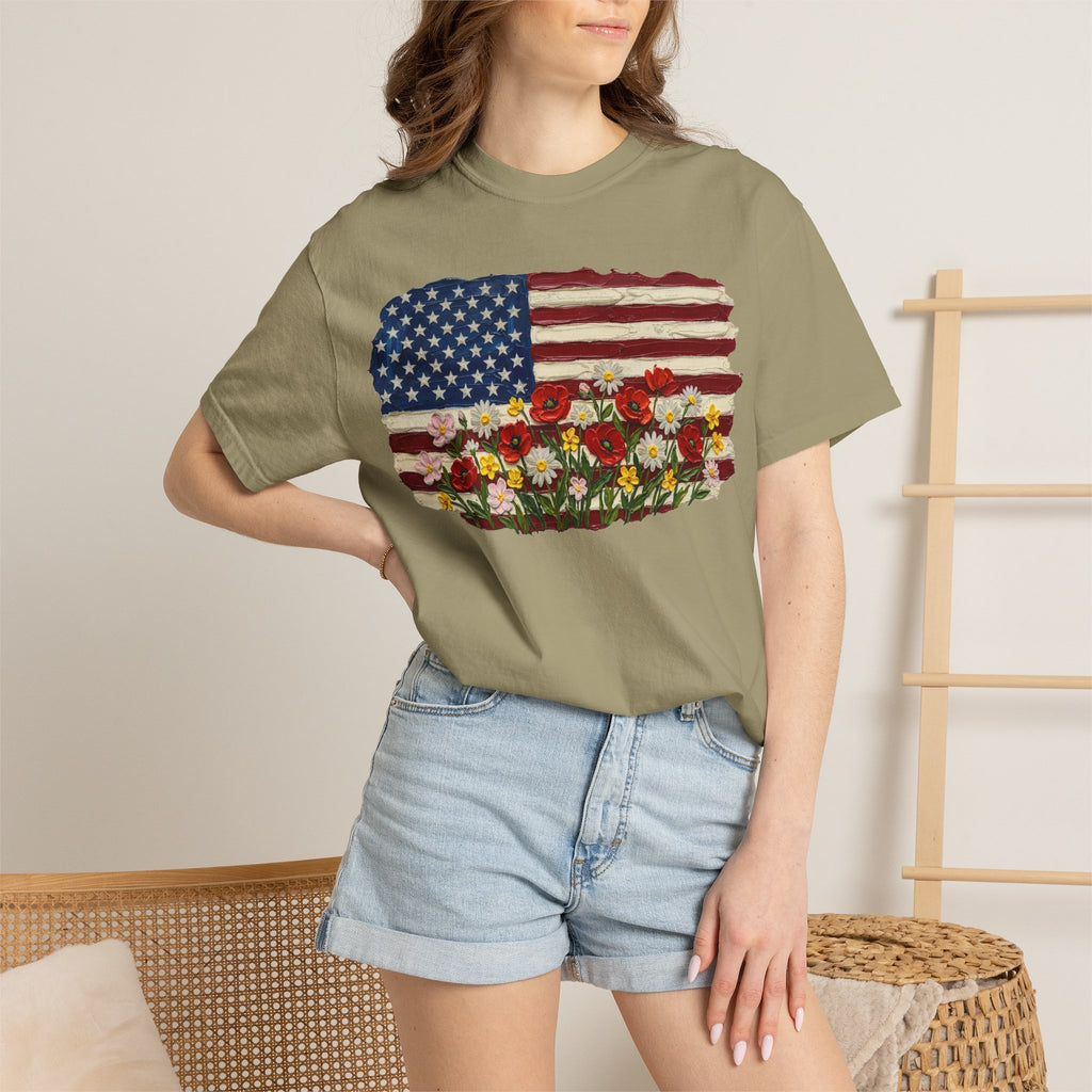 Impasto American Flag Wildflowers Shirt, Painted Flag Floral Tee, Patriotic Garden Shirt, Fourth Of July Gift