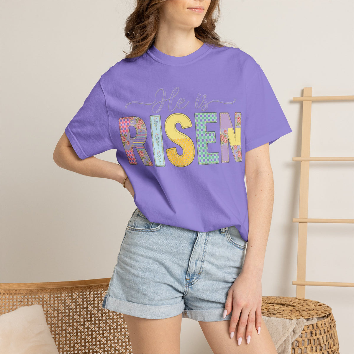 He Is Risen Floral Applique Shirt, Rose Gingham Easter Tee, Christian Patchwork Shirt, Easter Gift