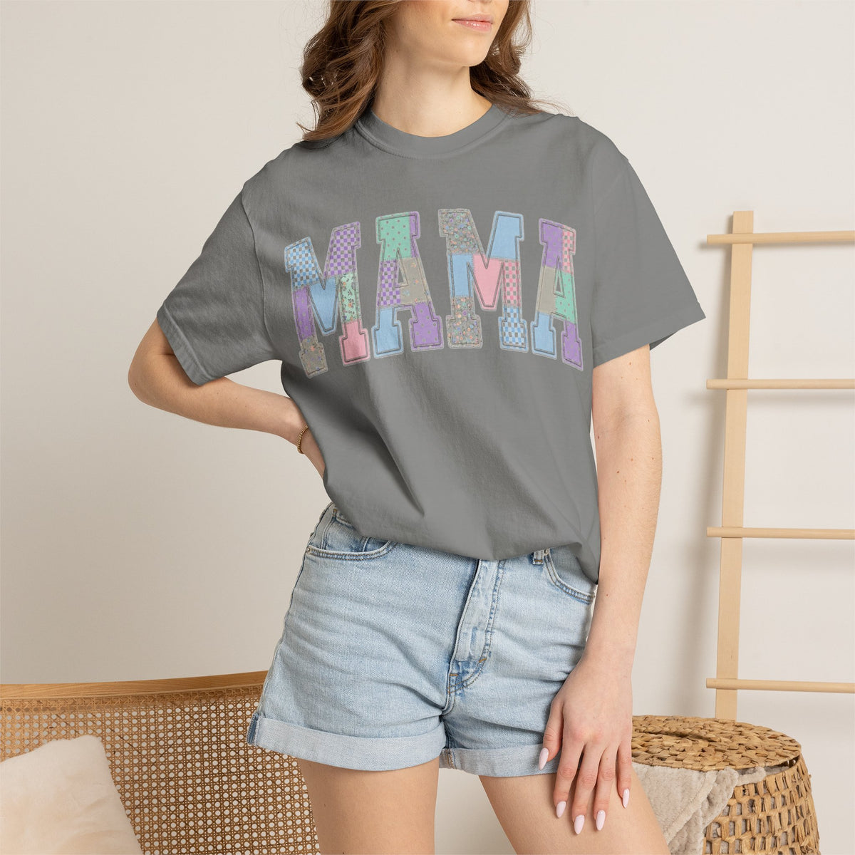 Mama Patchwork Shirt, Pastel Faux Applique Varsity Tee, Shabby Chic Mom Shirt, Mothers Day Gift