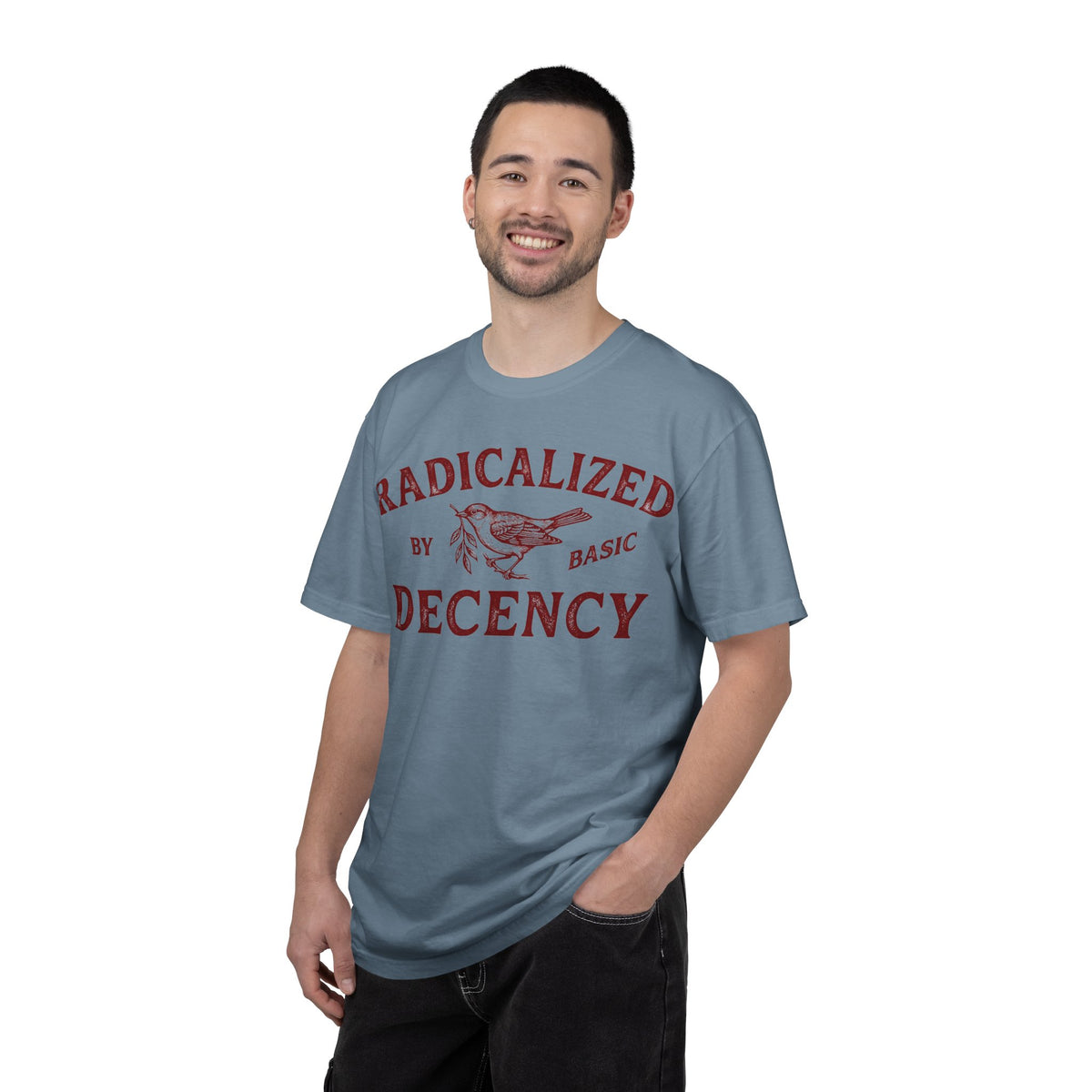 Radicalized By Basic Decency Bold Shirt, Engraved Bird Typography Tee, Kindness Statement Shirt, Protest Gift