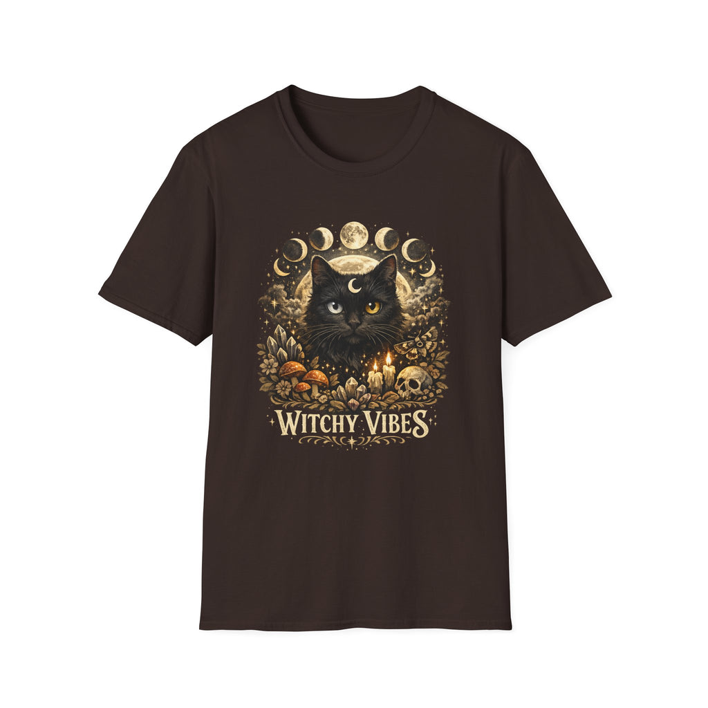 Witchy Vibes Cat T-Shirt — Black Cat Moon Phases Halloween Tee