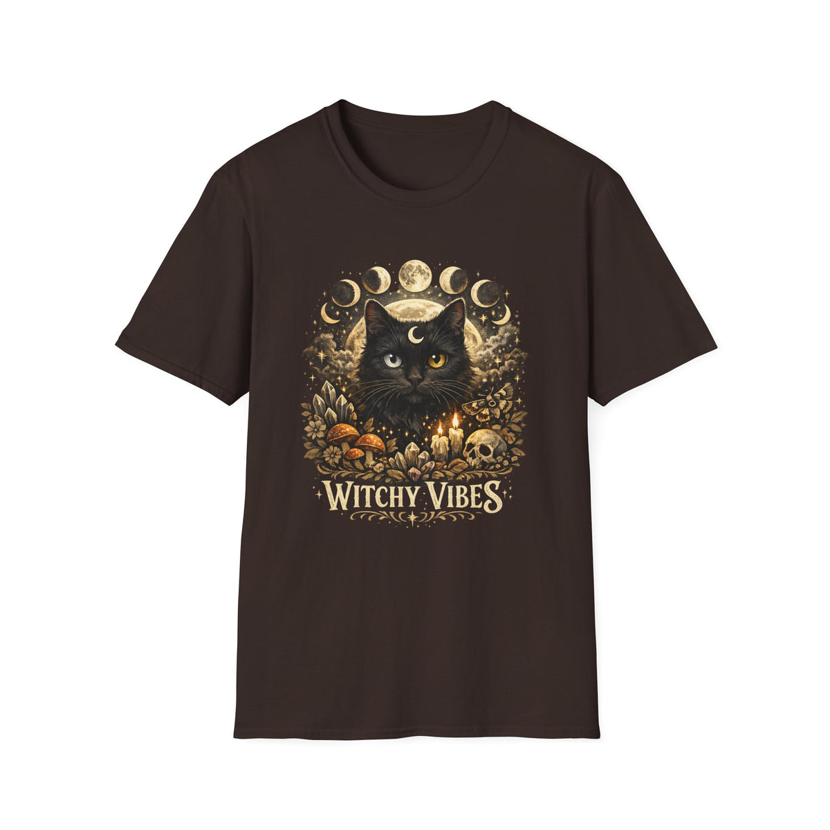 Witchy Vibes Cat T-Shirt — Black Cat Moon Phases Halloween Tee