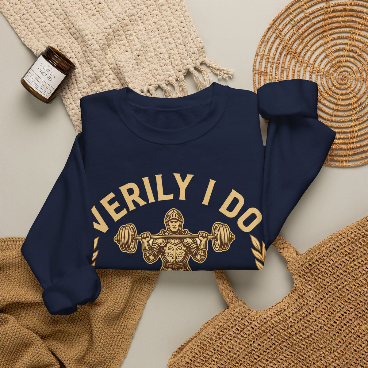 Funny Gym Sweatshirt Verily I Do Lift | Medieval Knight Weightlifting Sweatshirt | Sarcastic Workout Sweatshirt | Gym Gift