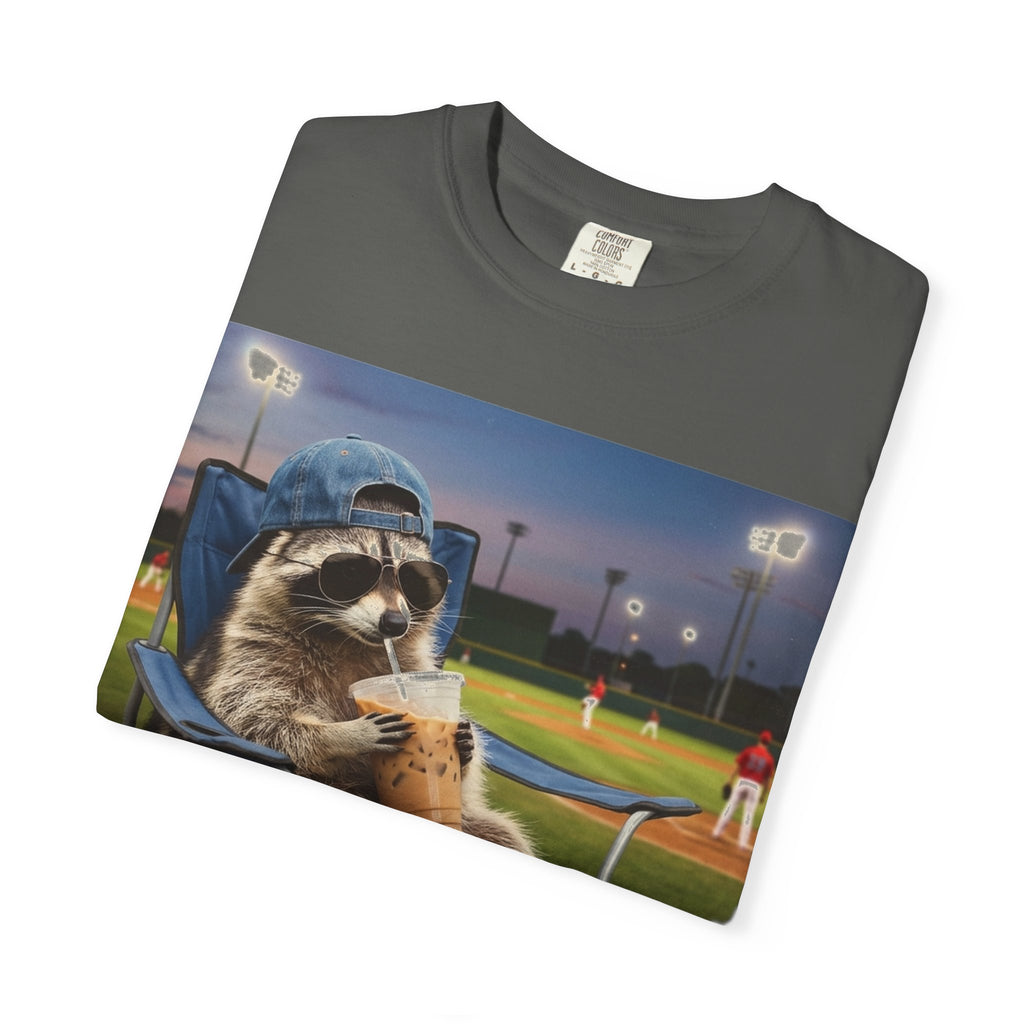 I Live Here Now Baseball Raccoon Shirt, Funny Sports Parent Tee, Iced Coffee Raccoon Shirt, Baseball Mom Gift