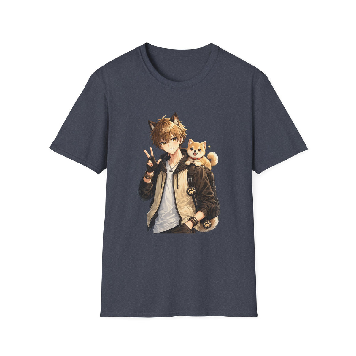 Anime Boy with Shiba Inu T-Shirt — Cute Kawaii Cat-Eared Character Tee