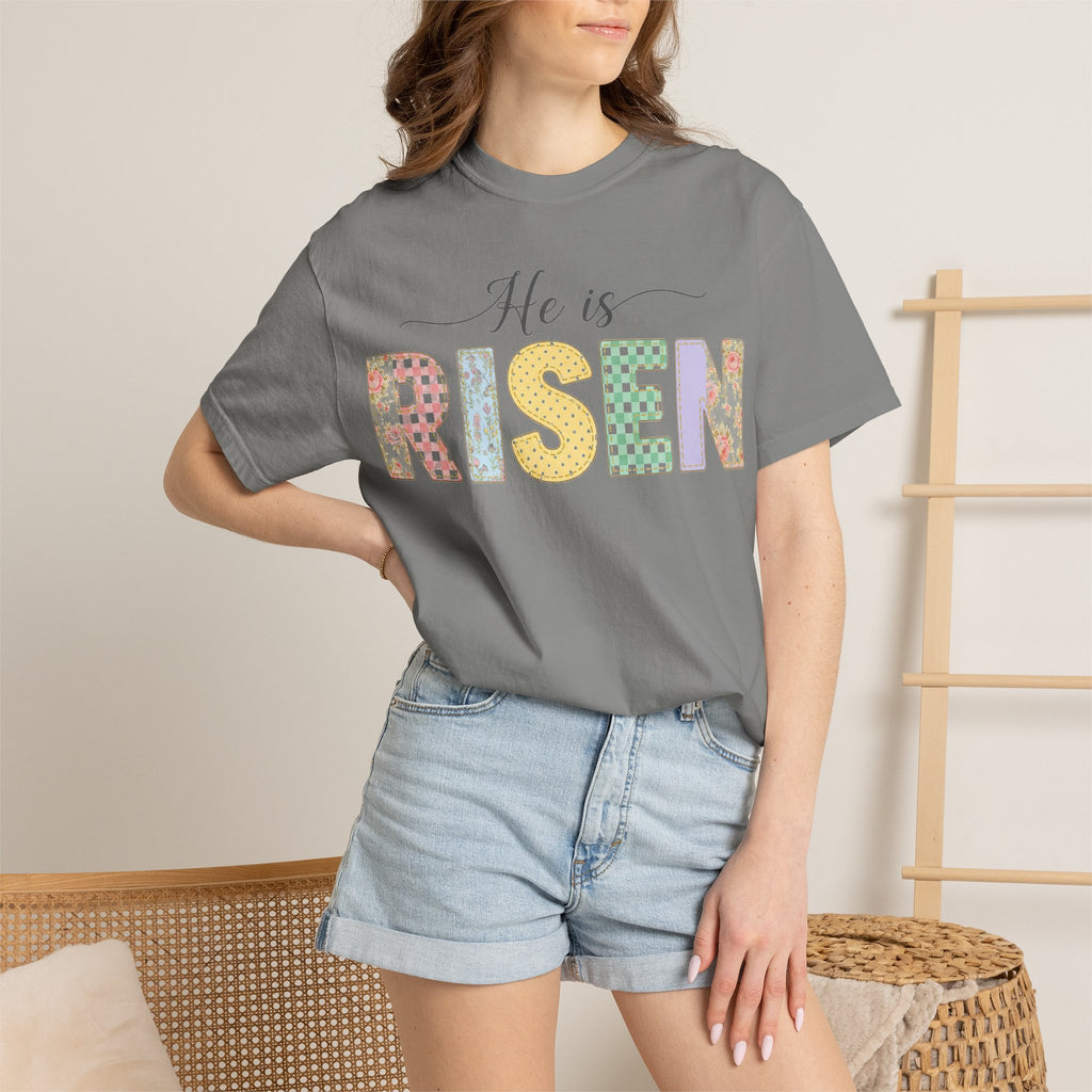 He Is Risen Pastel Patch Shirt, Easter Faux Stitch Letter Tee, Christian Spring Shirt, Easter Gift