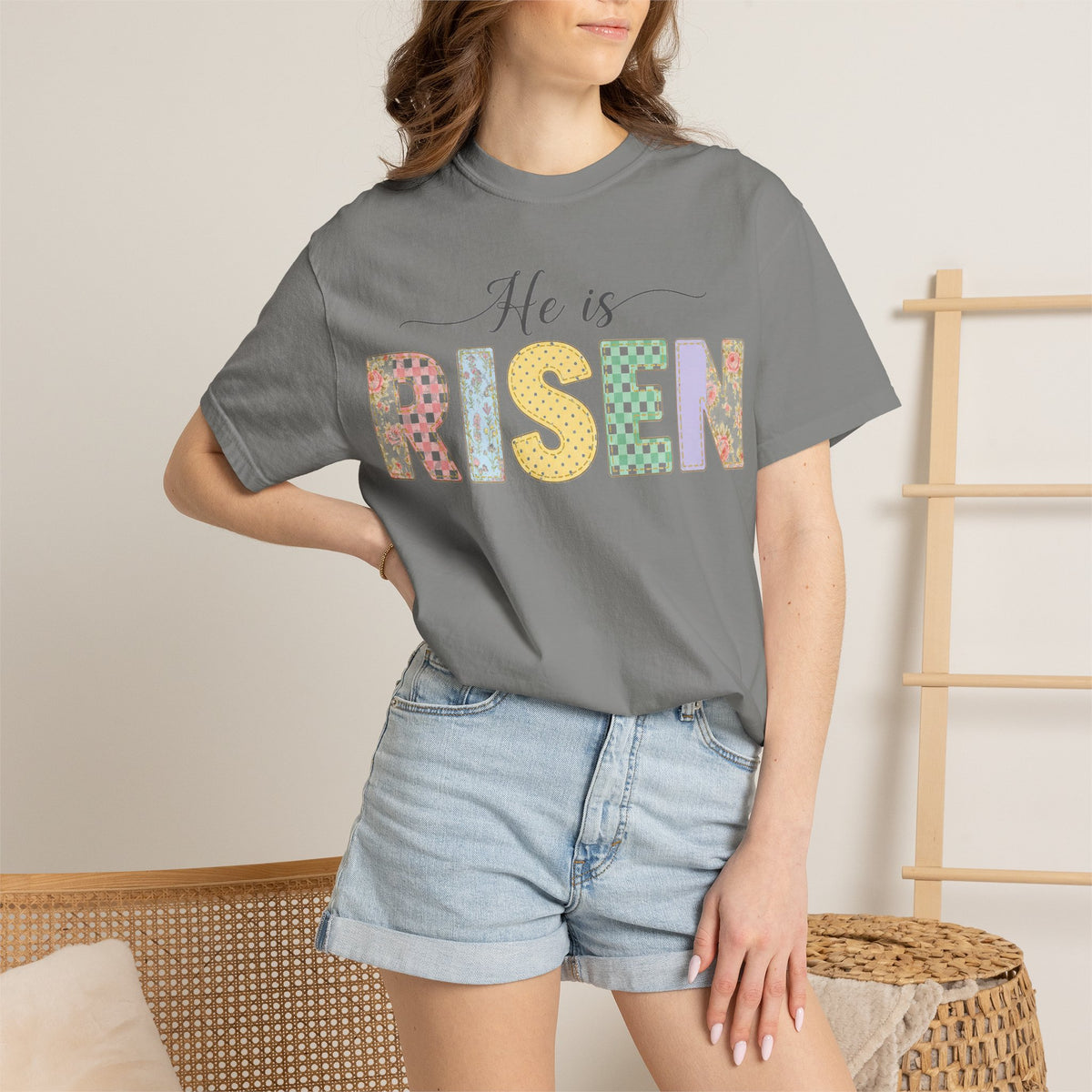 He Is Risen Pastel Patch Shirt, Easter Faux Stitch Letter Tee, Christian Spring Shirt, Easter Gift