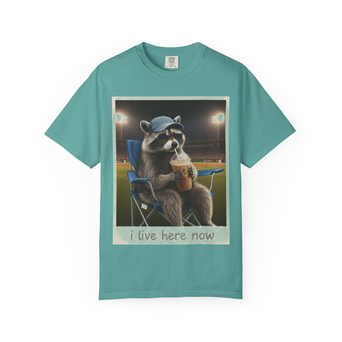 Baseball Raccoon Shirt, I Live Here Now Tee, Funny Ballpark Iced Coffee Shirt, Baseball Mom Gift