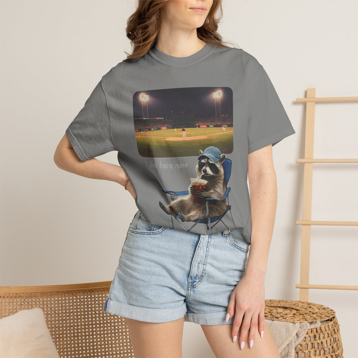 I Live Here Now Ballpark Raccoon Shirt, Funny Baseball Parent Tee, Camp Chair Raccoon Shirt, Sports Mom Gift