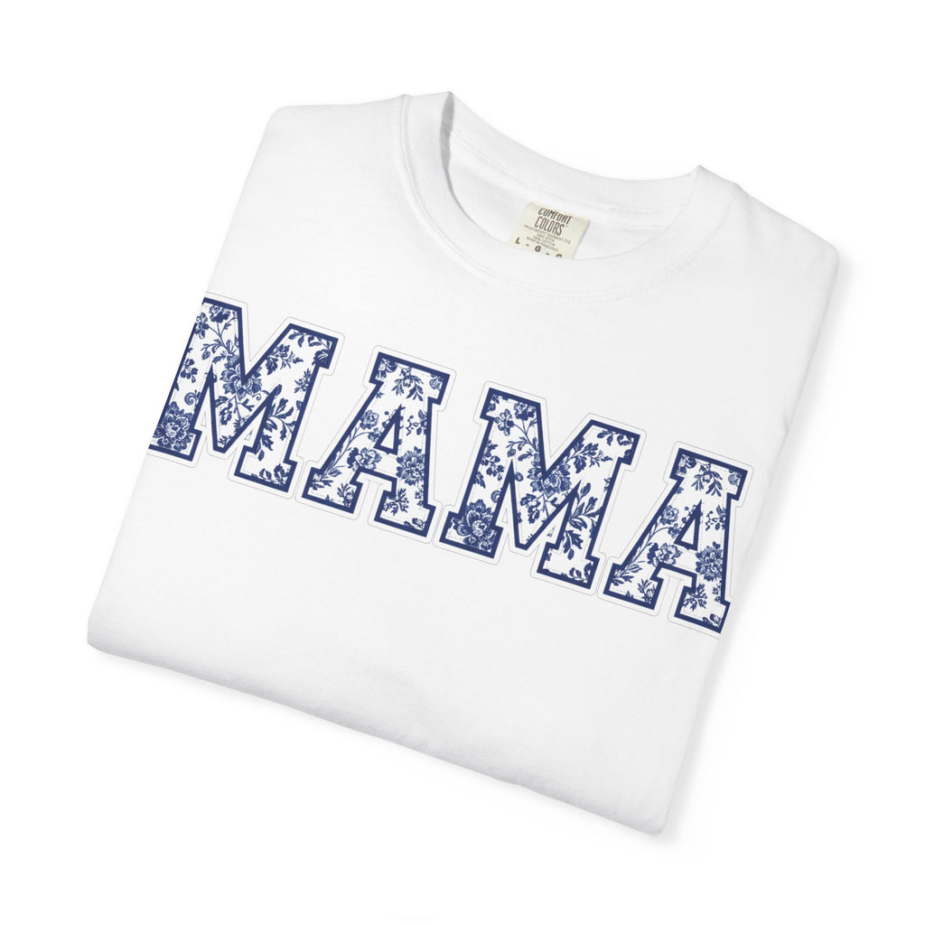 Mama Delft Blue Floral Shirt, Toile Varsity Applique Tee, Grandmillennial Mom Shirt, Mothers Day Gift