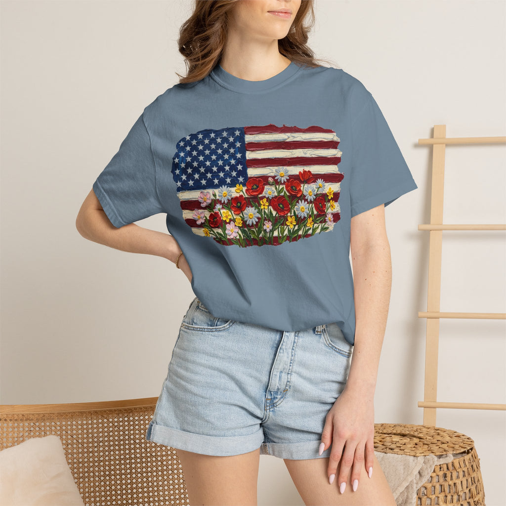 Impasto American Flag Wildflowers Shirt, Painted Flag Floral Tee, Patriotic Garden Shirt, Fourth Of July Gift