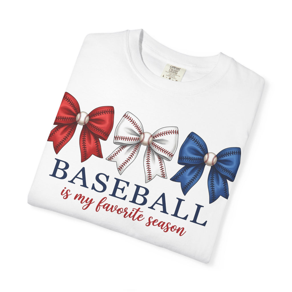 Baseball Is My Favorite Season Tee, Small Bow Trio Baseball Shirt, Coquette Sports Mom Shirt, Game Day Gift