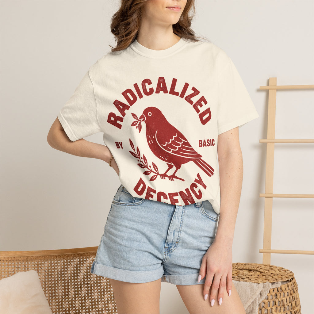 Radicalized By Basic Decency Arched Shirt, Red Folk Bird Tee, Kindness Statement Shirt, Activist Gift
