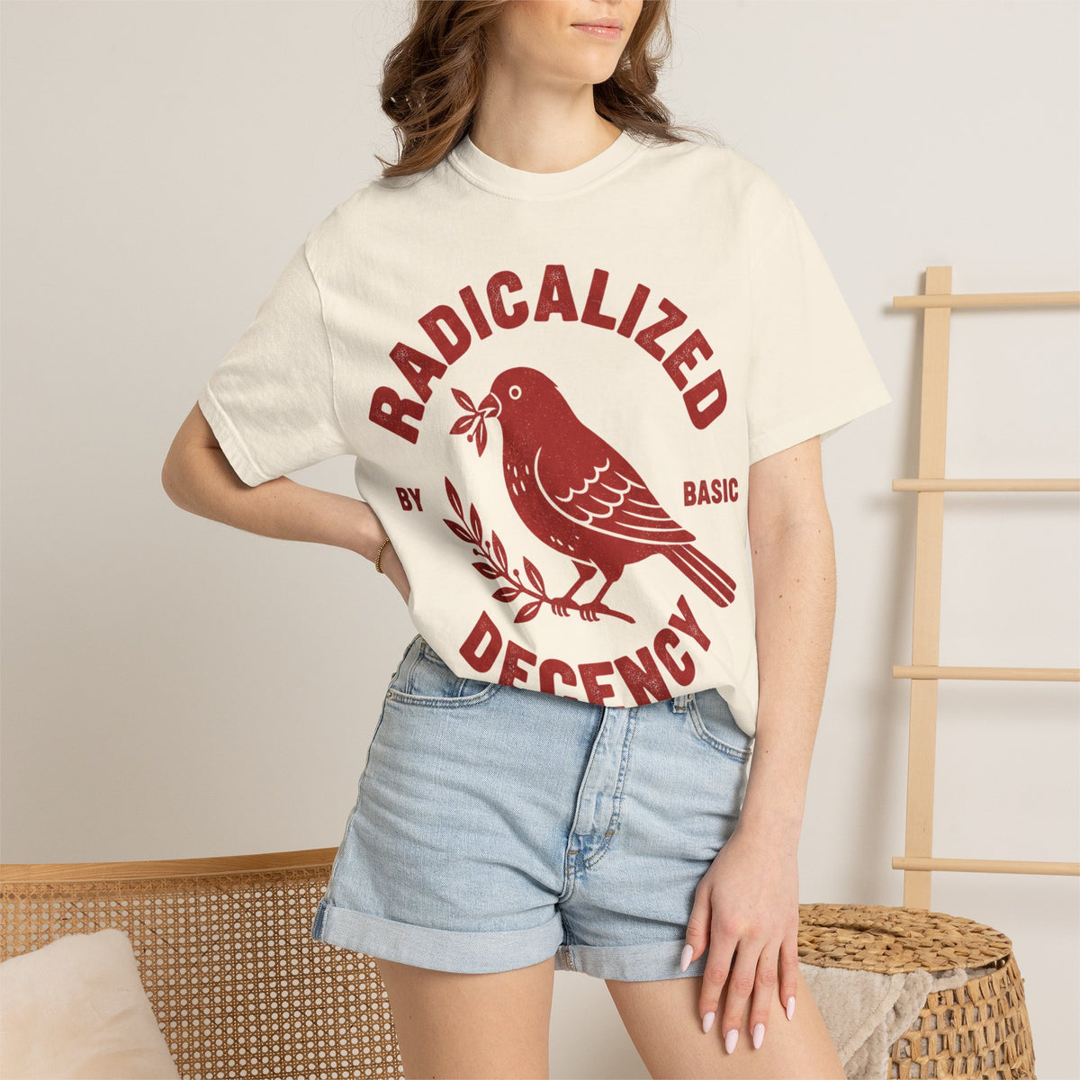 Radicalized By Basic Decency Arched Shirt, Red Folk Bird Tee, Kindness Statement Shirt, Activist Gift