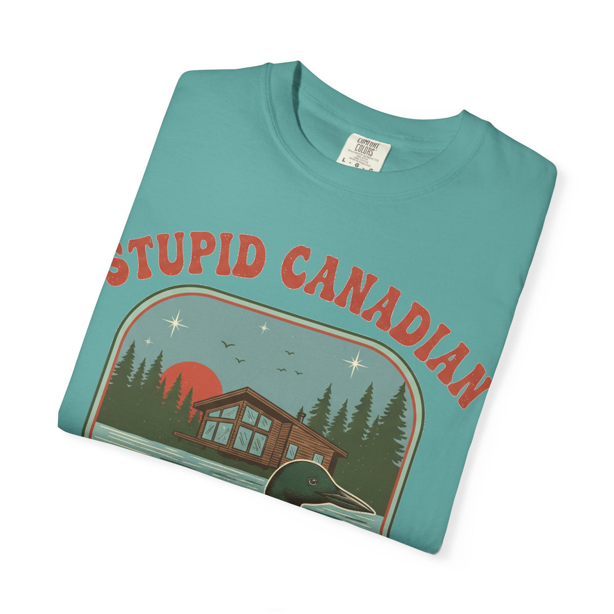 Stupid Canadian Wolf-Bird Arched Shirt, Retro Loon Sunset Badge Tee, Funny Lake Shirt, Cabin Gift