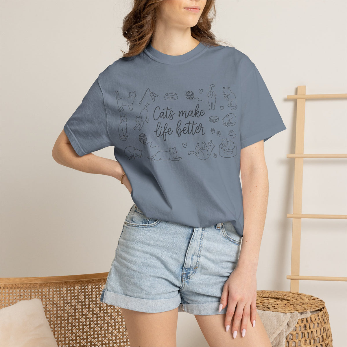 Cats Make Life Better Wide Shirt, Scattered Cat Doodle Tee, Minimal Cat Lover Shirt, Cat Owner Gift