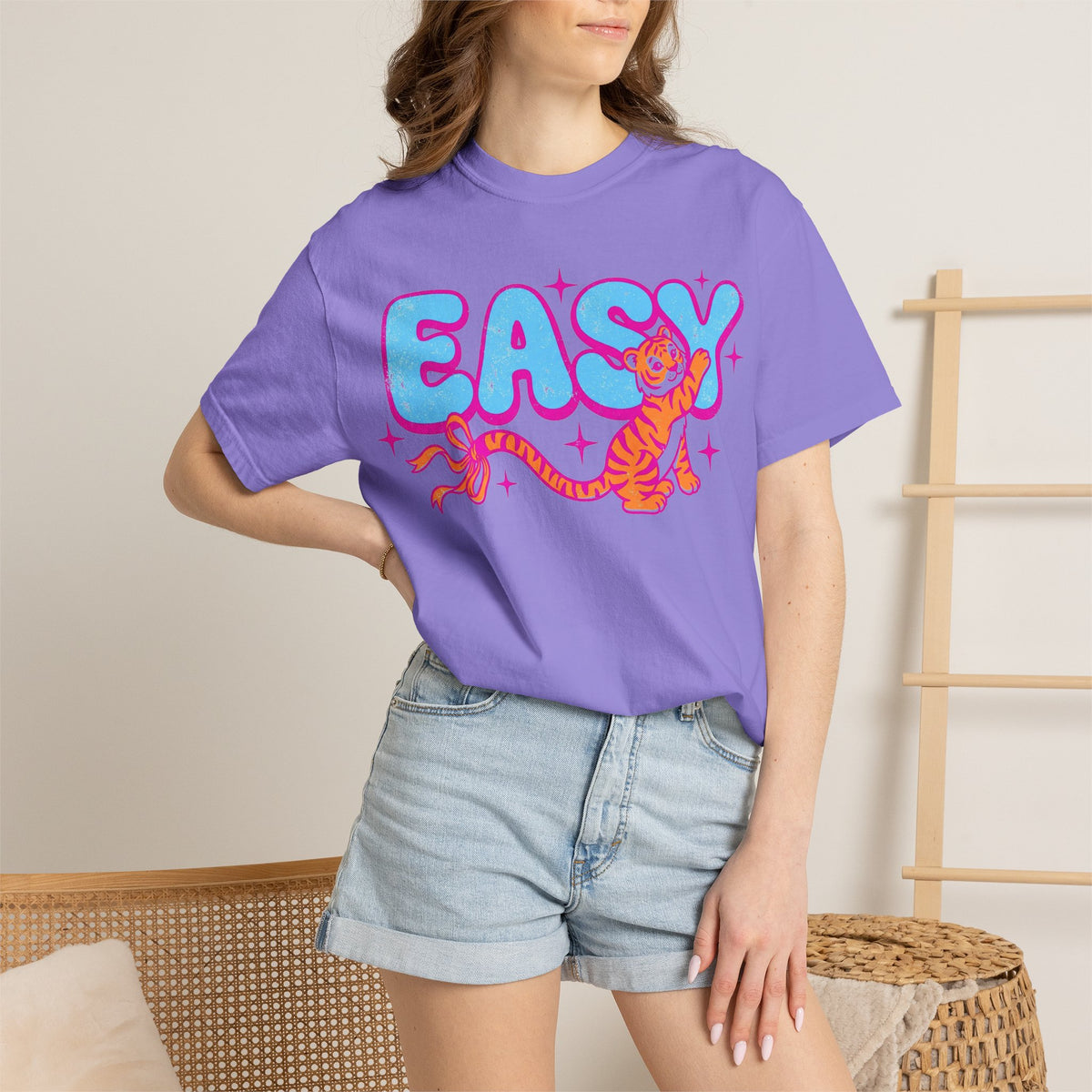 Easy Tiger Bow Shirt, Y2K Cub Bubble Type Tee, Retro Pink Blue Tiger Shirt, Trendy Gift