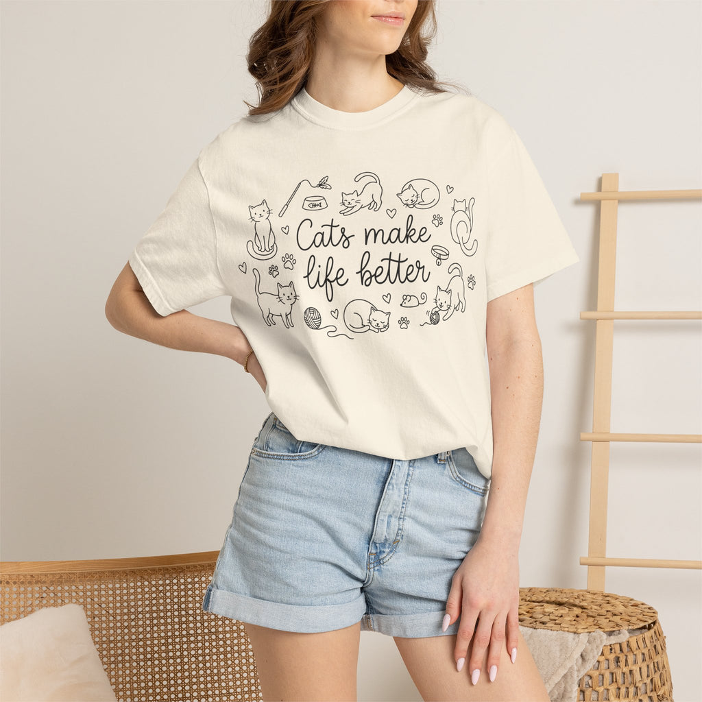 Cats Make Life Better Doodle Shirt, Minimal Cat Line Drawing Tee, Cat Lady Shirt, Cat Owner Gift