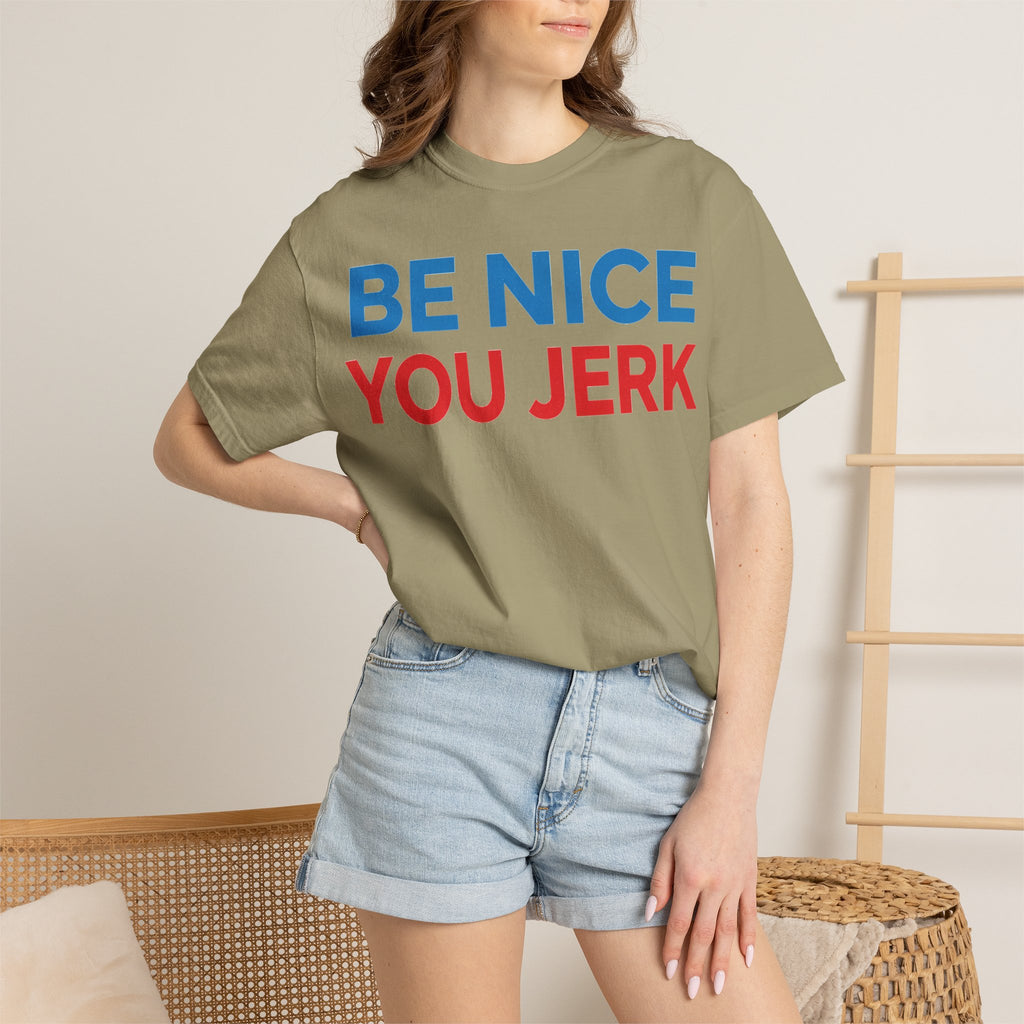 Be Nice You Jerk Wide Shirt, Funny Sarcastic Saying Tee, Light Blue And Red Shirt, Funny Friend Gift
