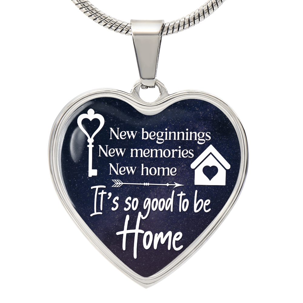New Beginnings New Home Graphic Heart Necklace - Engraved Heart Pendant with Gift Box, Housewarming Gift for New Home