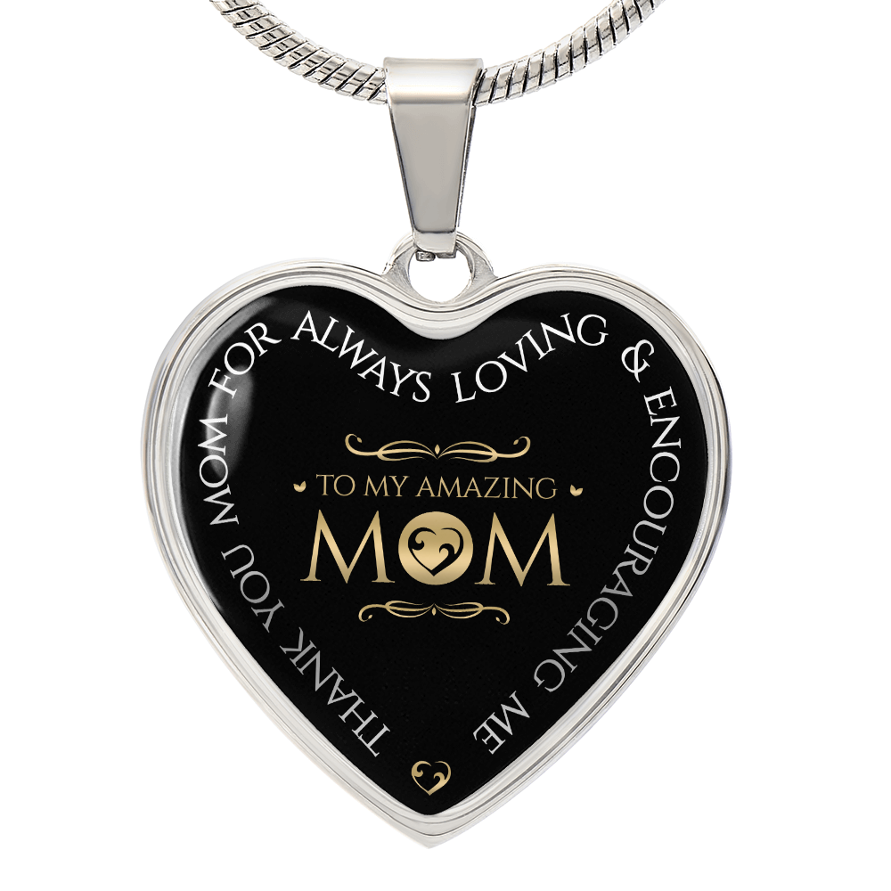 To My Amazing Mom Graphic Heart Necklace - Engraved Heart Pendant with Gift Box, Thank You Gift for Mom