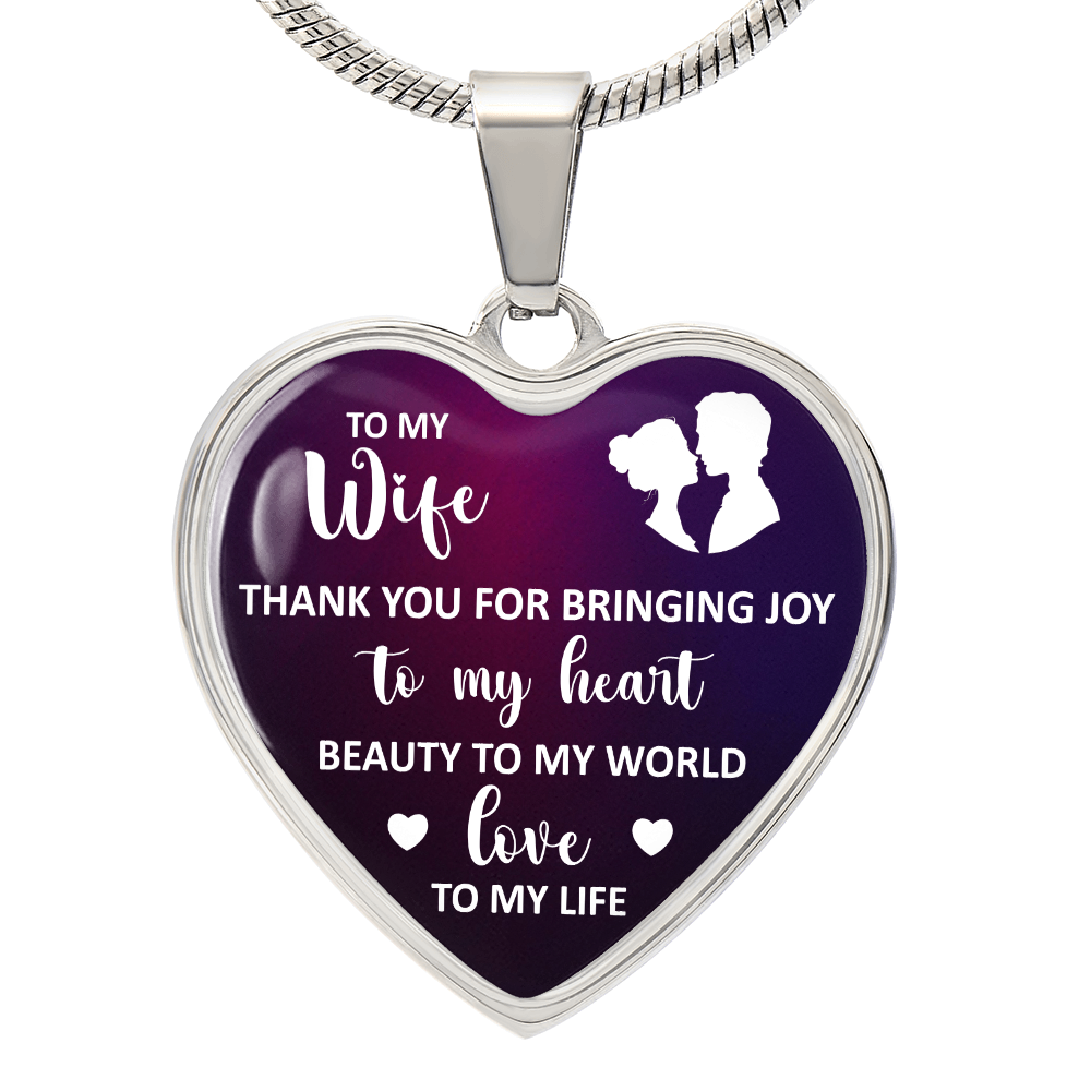 To My Wife Thank You For Bringing Joy Graphic Heart Necklace - Engraved Heart Pendant with Gift Box, Gift for Wife