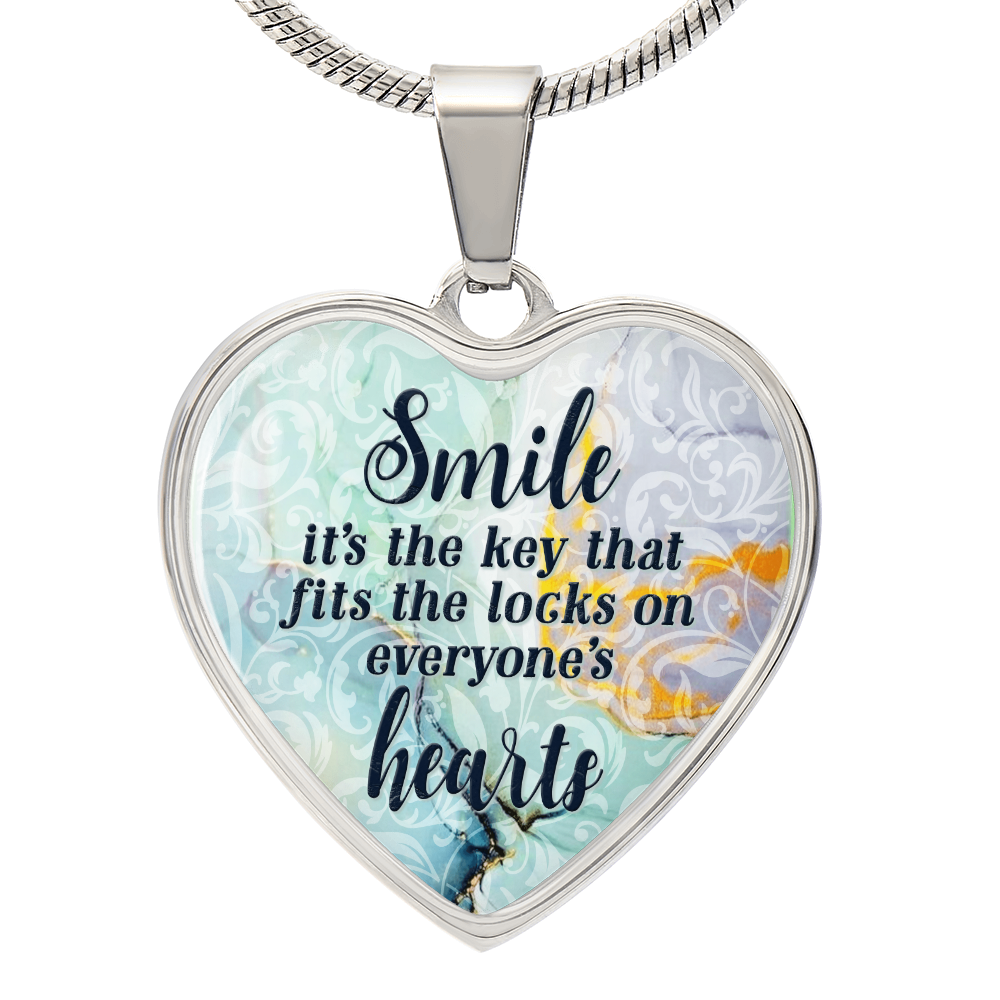 Smile Is The Key Graphic Heart Necklace - Engraved Heart Pendant with Gift Box, Inspirational Gift for Her