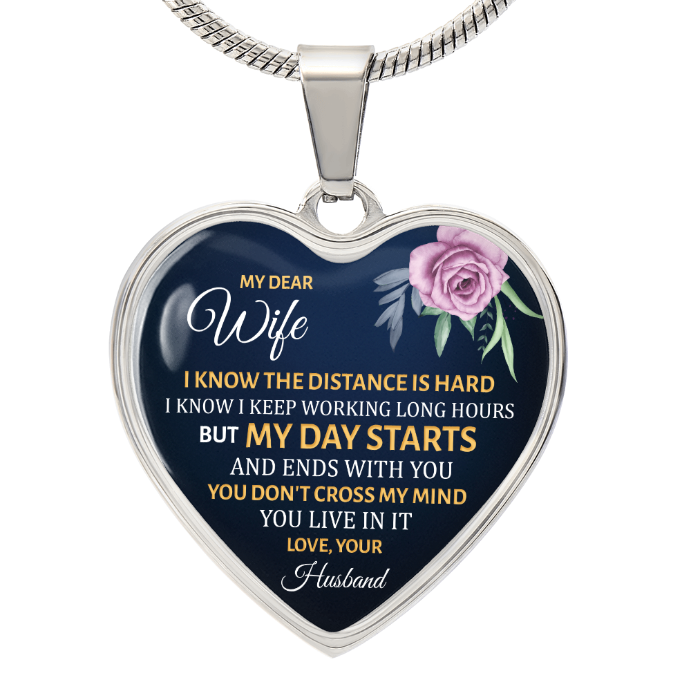 To My Dear Wife Long Distance Graphic Heart Necklace - Engraved Heart Pendant with Gift Box, Gift for Wife From Husband