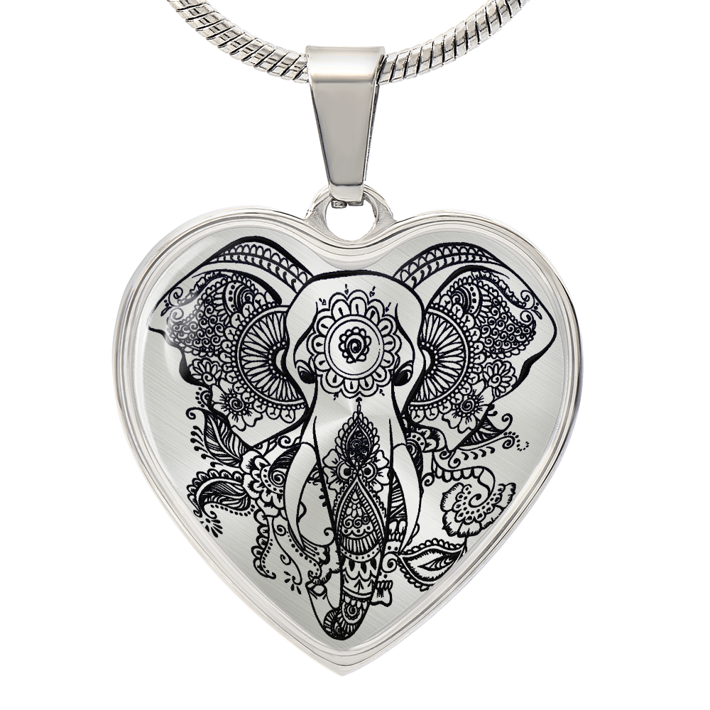 Mandala Elephant Heart Graphic Heart Necklace - Engraved Heart Pendant with Gift Box, Elephant Lover Gift for Her