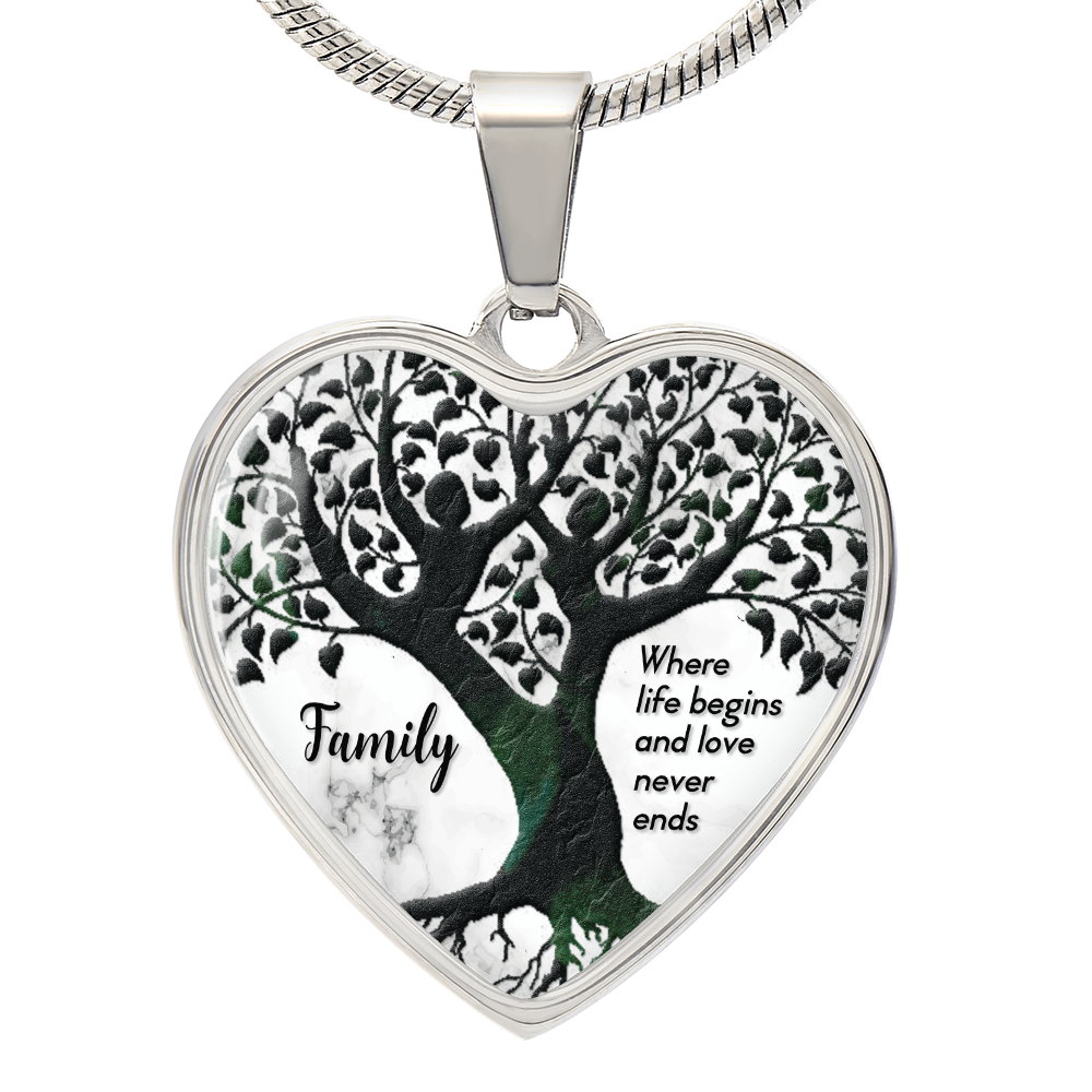 Where Life Begins Family Tree Graphic Heart Necklace - Engraved Heart Pendant with Gift Box, Family Gift for Mom