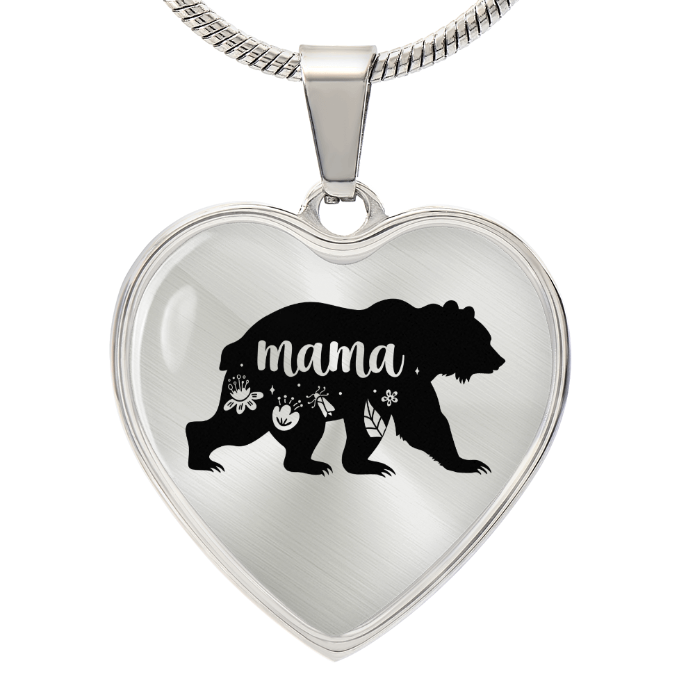 Mama Bear Graphic Heart Necklace - Engraved Heart Pendant with Gift Box, Mother's Day Gift for Mom