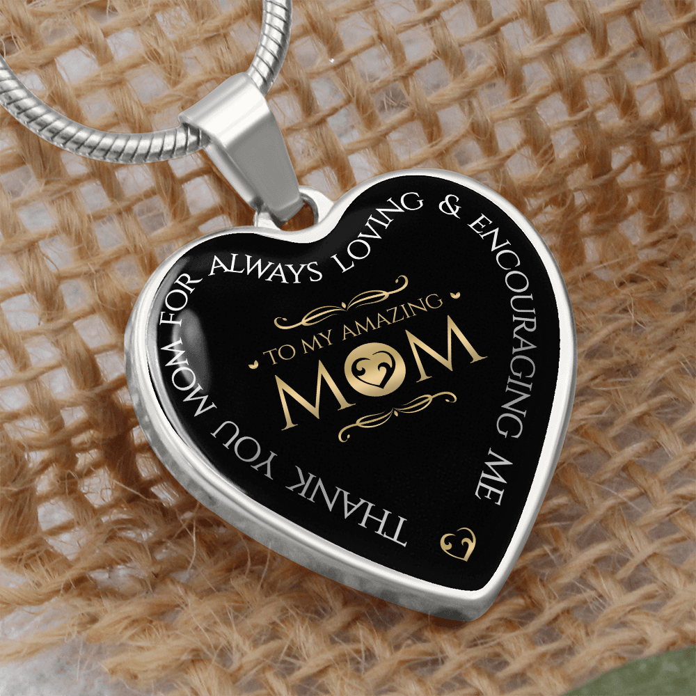 To My Amazing Mom Graphic Heart Necklace - Engraved Heart Pendant with Gift Box, Thank You Gift for Mom