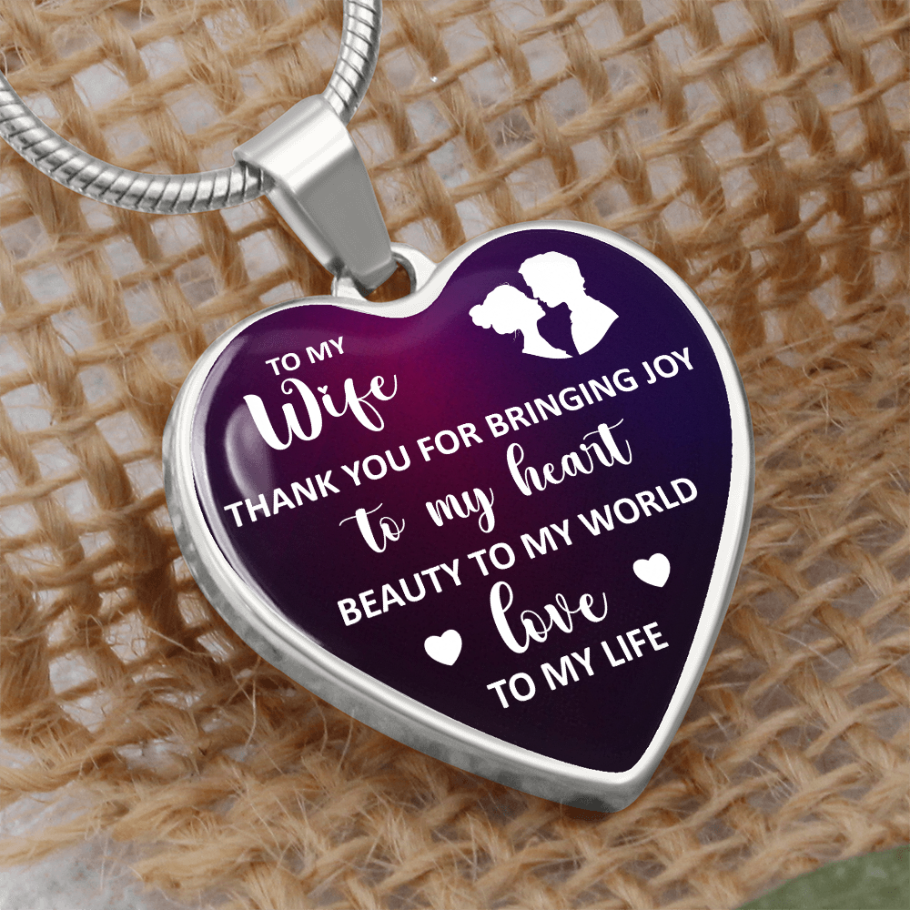 To My Wife Thank You For Bringing Joy Graphic Heart Necklace - Engraved Heart Pendant with Gift Box, Gift for Wife